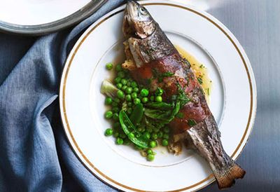 Cider-roast rainbow trout with leek and prosciutto