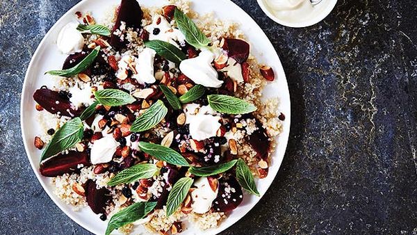 Quinoa and roasted beetroot salad with mint, smoked almonds and currants