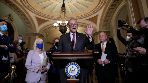 Senate Majority Leader Chuck Schumer (D-NY) speaks to reporters after a lunch meeting with Senate Democrats at the U.S. Capitol on September 28, 2021 in Washington, DC. 