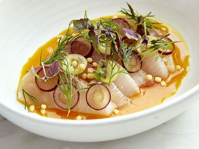 <a href="http://kitchen.nine.com.au/2016/05/20/10/44/papi-chulos-hiramasa-kingfish-sashimi-with-turmeric-grapes-and-dill" target="_top">Papi Chulo's hiramasa kingfish sashimi with turmeric, grapes and dill<br />
</a>