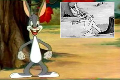 A really weird-looking prototype Bugs (with the catchphrase "Jiggers, fellers" &mdash; WTF?) appeared in several cartoons in the late 1930s (inset), though it wasn't till the 1940 cartoon <i>A Wild Hare</i>that Bugs Bunny made his official debut. <br/><br/>As Bugs's stardom skyrocketed in the '40s, his appearance was cleaned up to resemble the wascally wabbit we know and love today.