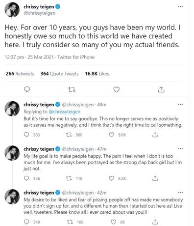 Chrissy Teigen shared a series of tweets addressing her sudden departure from Twitter.
