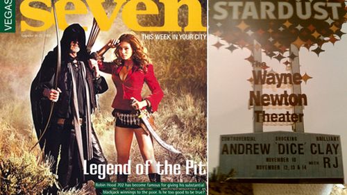 RJ Cipriani as Robin Hood 702 on the cover of Seven, the Las Vegas casino bible (left); The marquee board advertising comedian Andrew Dice Clay that Cipriani hijacked and added his name for a joke. (Supplied)