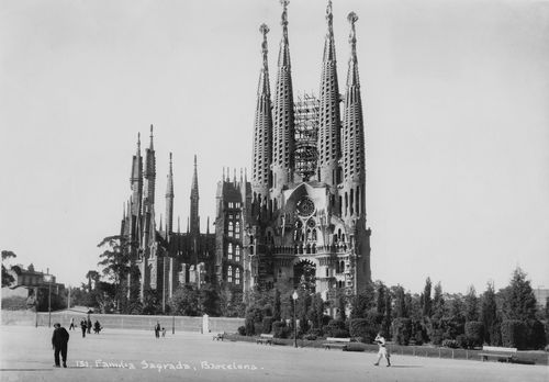 The cathedral of the Sagrada Familia in Barcelona, Spain, circa 1940
