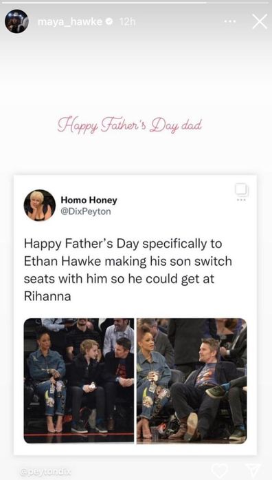 Maya Hawke roasts dad Ethan Hawke over viral moment involving Rihanna.