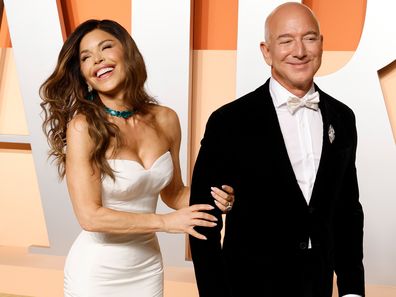Lauren Sanchez and Jeff Bezos attend the 2025 Vanity Fair Oscar Party at Wallis Annenberg Center for the Performing Arts on March 2, 2025 in Beverly Hills, California.  