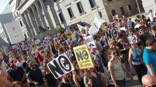 Anti-bullfighting protesters in Madrid. (AAP)