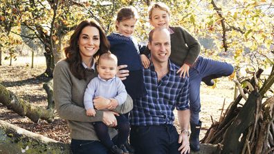 This photo released by Kensington Palace on Friday Dec. 14, 2018, shows the photo taken by Matt Porteous of Prince William and Kate, Duchess of Cambridge with their children Prince George, right, Princess Charlotte, center, and Prince Louis at Anmer Hall in Norfolk, east England, which is to be used as their 2018 Christmas card. (Matt Porteous/Kensington Palace via AP)