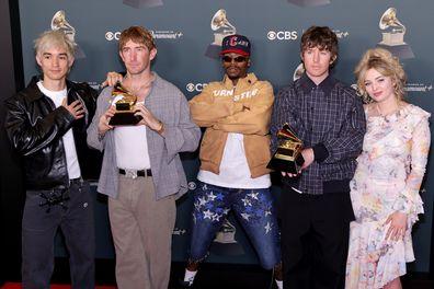  Daniel Fang, Pat McCrory, Franz Lyons, Brendan Yates and Meg Mills of Turnstile, winners of the Best Rock Album award for "NEVER ENOUGH", pose in the press room during the 68th GRAMMY Awards at Crypto.com Arena on February 01, 2026 in Los Angeles, California. 