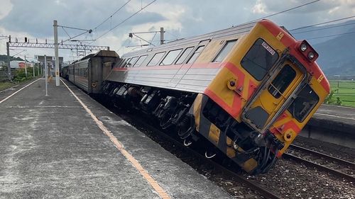This image shows a derailed train in southern Taiwan following a powerful earthquake on Sunday.