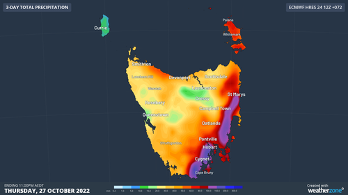 Forecast accumulated rain during the 72 hours ending at 11pm AEDT on Thursday, October 27.