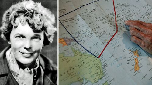 Amelia Earhart and the vast swathe of the Pacific Ocean where she and her navigator went missing. (AP).
