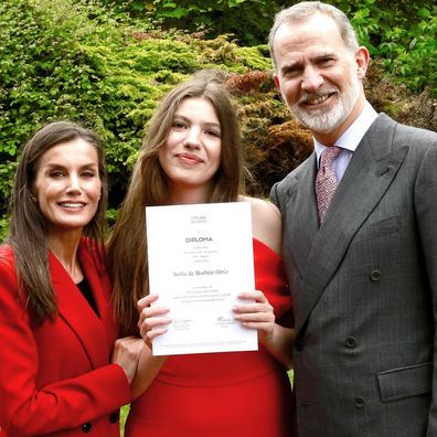 King Felipe and Queen Letizia of Spain with their youngest daughter Infanta Sofia as she graduates from the UWC Atlantic College in Wales, May 2025.