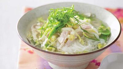 For a cooling change to this super easy <a href="http://kitchen.nine.com.au/2016/05/13/12/05/chicken-and-rice-noodle-soup" target="_top">chicken and rice noodle soup</a>, keep the snow peas to one side and do not cook them. Once the soup is all done, chill it down and then add the snow peas for added fresh crunch.&nbsp;