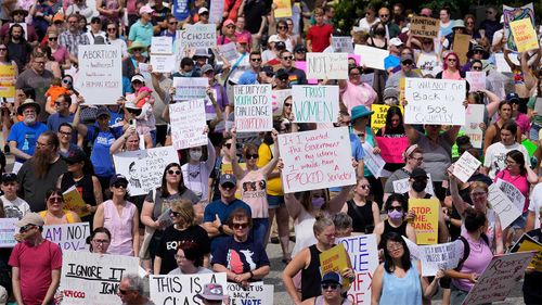 Protesters demanding abortion rights outside the Indiana statehouse last month.