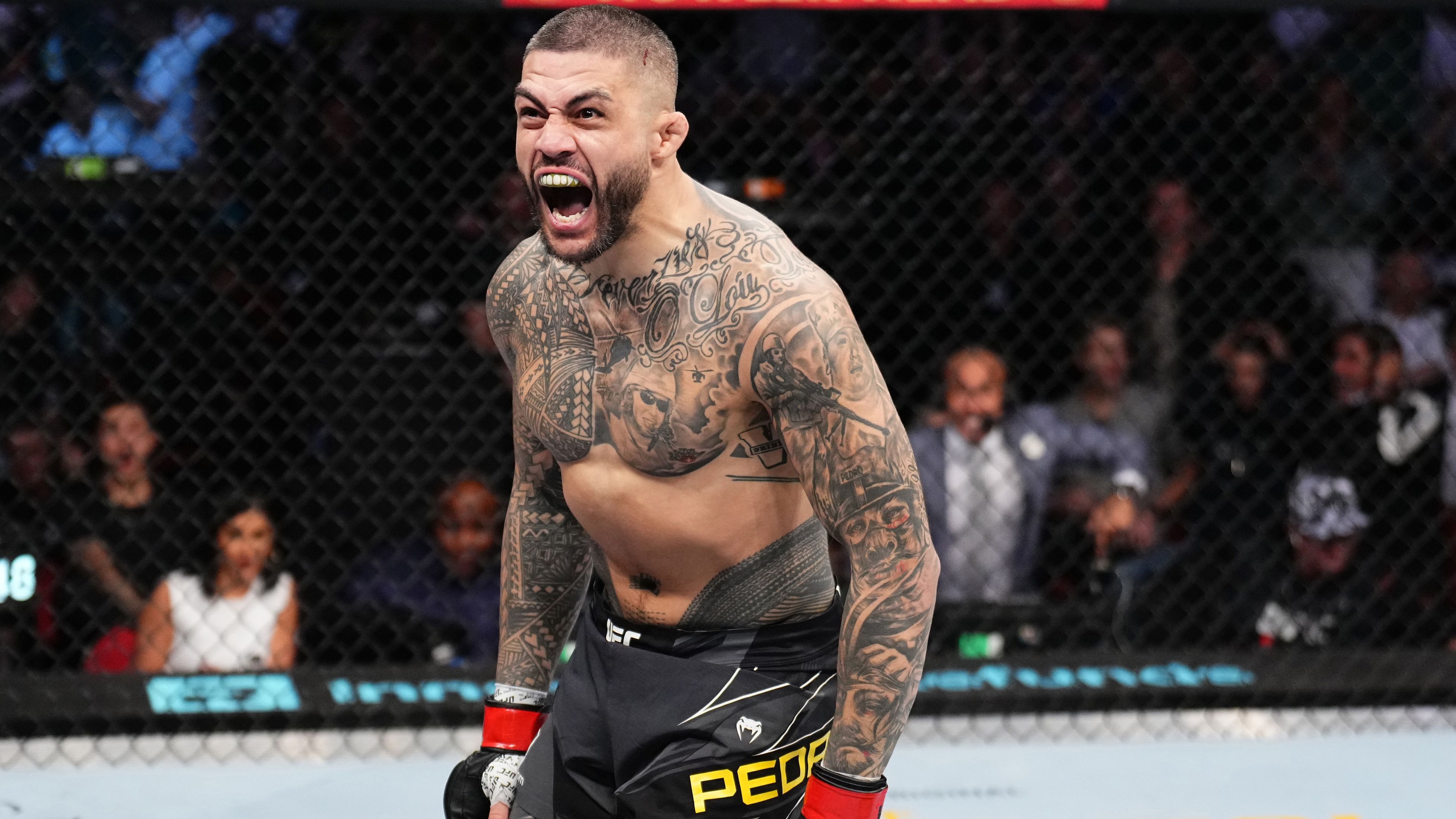 Tyson Pedro of Australia reacts after his knockout victory over Anton Turkalj of Sweden