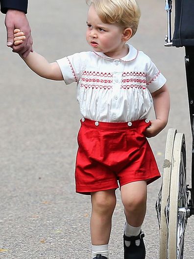 Prince George of Cambridge arrives at the Church of St Mary Magdalene on the Sandringham Estate for the Christening of Princess Charlotte of Cambridge on July 5, 2015 in King's Lynn, England