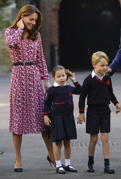 Kate Middleton with Princess Charlotte and Prince George on Charlotte's first day of school at Thomas's Battersea in London, Thursday Sept. 5, 2019.