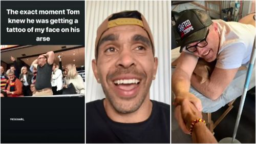Adelaide Crows great Eddie Betts was laughing after his brother-in-law Tom lost a "cheeky" bet with him resulting in a tattoo on his backside.