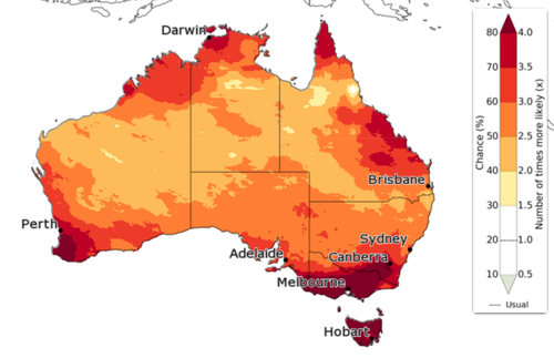 A weather map showing Australia and the parts of the country that are likely to have an extremely warm winter.