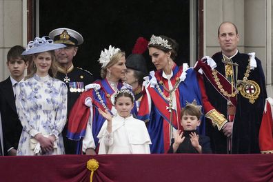 LONDON, ENGLAND - MAY 06: (L-R) James, Earl of Wessex, Lady Louise Windsor, Vice Admiral Sir Timothy Laurence, Sophie, Duchess of Edinburgh, Princess Charlotte of Wales, Sophie, Duchess of Edinburgh, Catherine, Princess of Wales, Prince Louis of Wales and Prince William, Prince of Wales gather on the Buckingham Palace central balcony after the Coronation service of King Charles III and Queen Camilla on May 06, 2023 in London, England. The Coronation of Charles III and his wife, Camilla, as King 