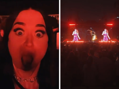 Katy Perry reacts as Taylor Swift sings Bad Blood in Sydney, February 23, 2024