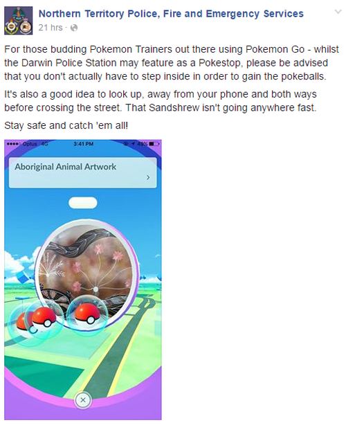 The advice to "budding Pokemon Trainers on the cop shop's Facebook page. (Facebook)