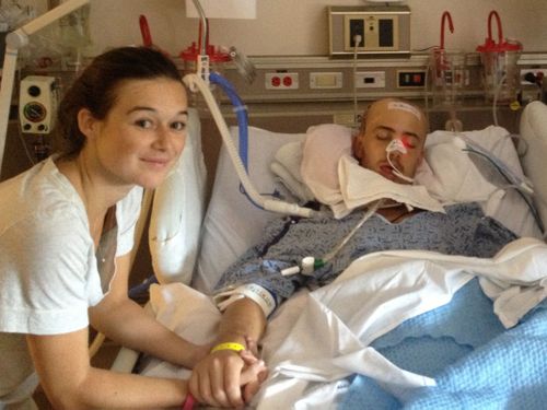 Rob Scott was hit in a ‘one punch’ coward attack, and the resulting brain injury has left him blind, partially deaf and with little memory, limited mobility and extremely slurred speech. Pictured with hid girlfriend at the time, Amy Lewis, who he met in Canada before the attack.
