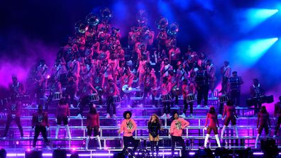 Beyonce Knowles performs onstage with Les Twins during the 2018 Coachella Valley Music And Arts Festival at the Empire Polo Field on April 21, 2018 in Indio, California 