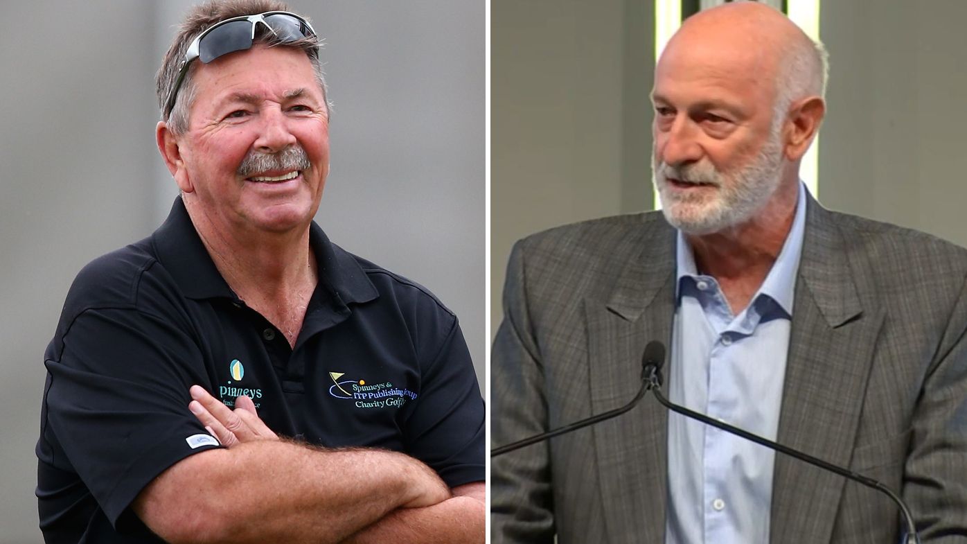 Dennis Lillee (right) speaks at the funeral for his great mate Rod Marsh.