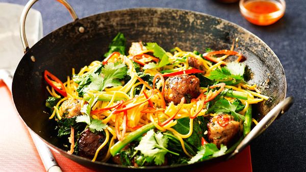 Chicken meatball noodle stir-fry