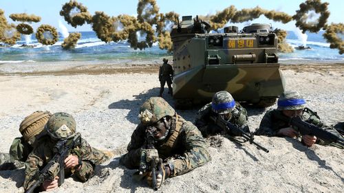 US and South Korean marines practise a beach assault in earlier drills. (AP).