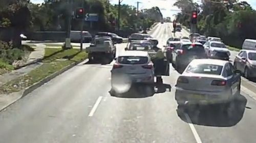 Chances Moana was caught on camera storming towards a car in Sydney, punching the driver in the head around 15 times. Picture: Supplied
