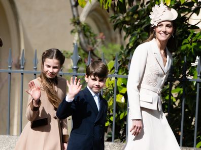 Princess Charlotte, Prince Louis and Catherine, Princess of Wales attend the 2026 Easter Matins Service at St George's Chapel on April 5, 2026 in Windsor, England. 
