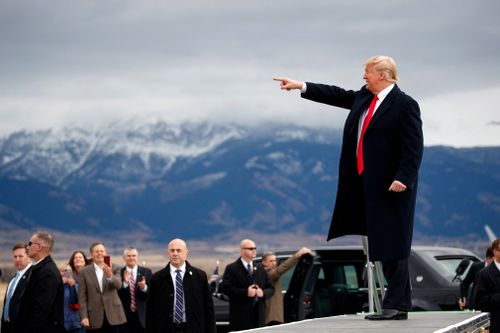 Trump arrives for a campaign rally at Bozeman Yellowstone International Airport in Belgrade, Montana.
