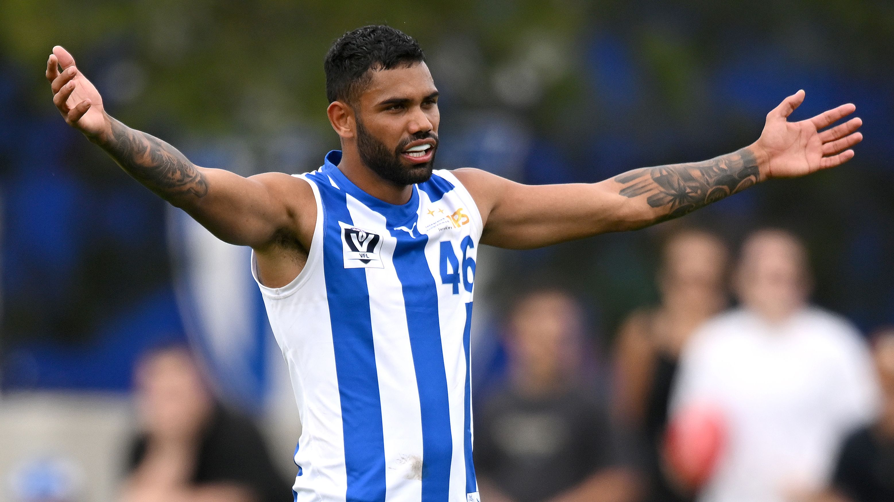 Tarryn Thomas of the Kangaroos stands on the mark during the VFL Practice Match between North Melbourne and Williamstown at Arden Street Ground on March 18, 2023 in Melbourne, Australia. (Photo by Morgan Hancock/Getty Images)