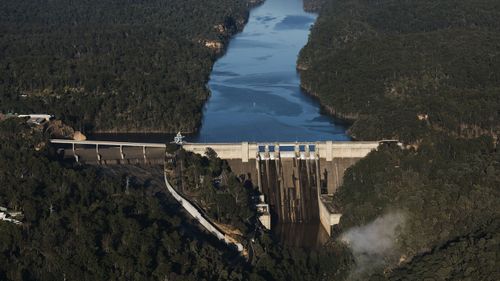 An aerial view of Warragamba Dam taken last month.