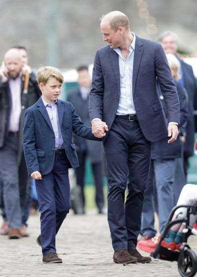 CARDIFF, WALES - JUNE 04: Prince William, Duke of Cambridge  and Prince George of Cambridge during a visit to Cardiff Castle, where they will meet performers and crew involved in the special celebration concert taking place in the castle grounds on June 04, 2022 in Cardiff, Wales. 