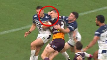 Scott Drinkwater was sent to the sin bin for this hit which broke the jaw of Broncos winger Corey Oates.