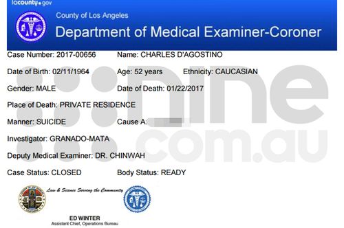 The Los Angeles county coroner's report for Charles D'Agostino, obtained by nine.com.au 