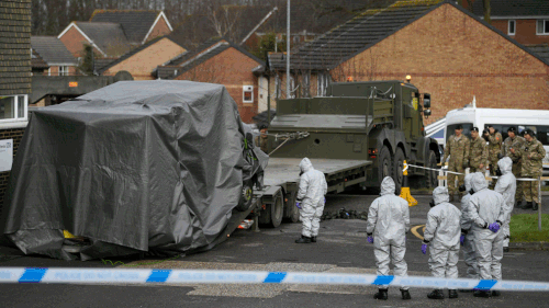 The suspected nerve gas attack in Salisbury, England prompted a large police and military response. (AP)