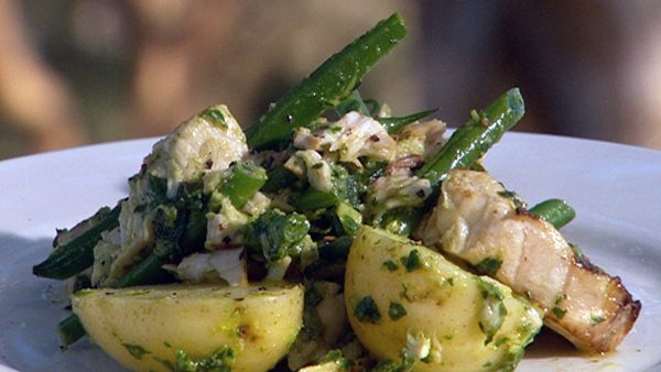 Grilled swordfish with pesto, beans and potatoes