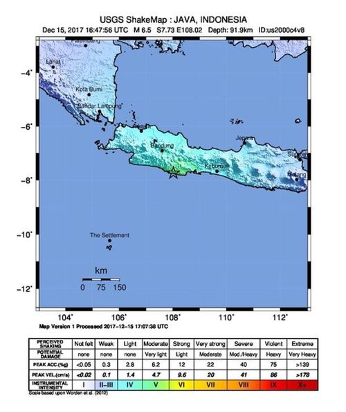 A US Geological Survey shake map shows the epicentre of the Java earthquake. (AAP)