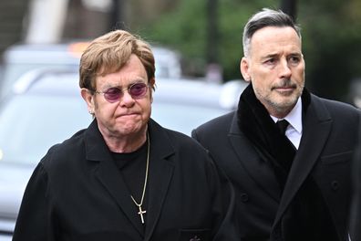 Elton John and David Furnish attend the funeral of Derek Draper at St Mary the Virgin Church, on February 2, 2024 in London