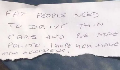 Woman fat-shamed after stranger left a cruel note on her car