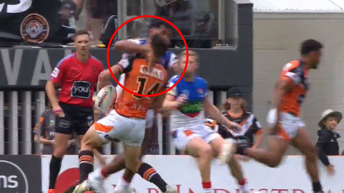 Knights star Jacob Saifiti was sent off for this hit against the Wests Tigers
