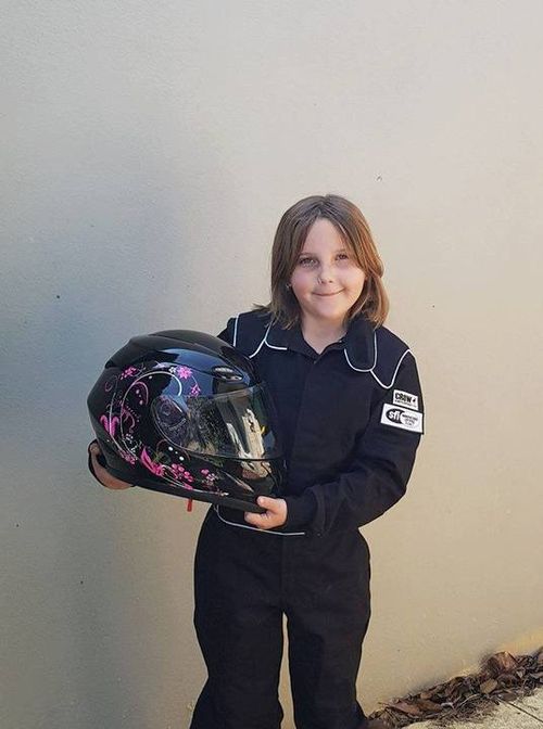 Anita Board, 8, crashed into a cement barrier at Perth Motorplex in Kwinana while going for her licence at the Goldenstates Junior Dragster event earlier this month. 