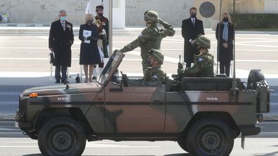 Prince Charles, Prince of Wales and Camilla, Duchess of Cornwall attend the Greek Independence Day Military Parade at Syntagma Square on March 25, 2021 in Athens, Greece