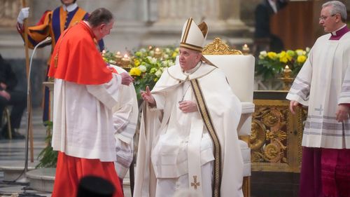 President of the Dicastery for Promoting Christian Unity, Swiss Cardinal Kurt Koch, left, greets Pope Francis at the end of the vespers the latter presided over in the Roman Basilica of St.  Paul Outside The Walls where the tomb of the Evangelist was built.