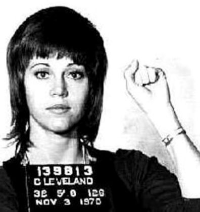 In this handout, American actress, writer, producer, political activist Jane Fonda in a mug shot following her arrest, Cleveland, Ohio, US, 3rd November 1970. (Photo by Kypros/Getty Images)